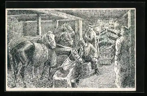 AK Weihnachten bei einer Kolonne im Pferdestall