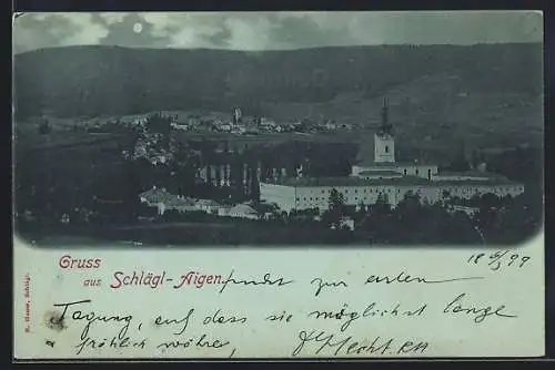 Mondschein-AK Schlägl-Aigen, Panorama mit Kloster