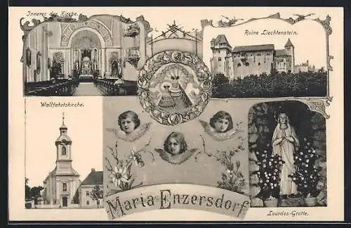 AK Maria Enzersdorf, Wallfahrtskirche, Innenansicht und Aussenansicht, Ruine Liechtenstein