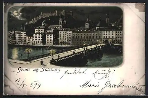 Mondschein-Lithographie Salzburg, Ortsansicht mit Brücke