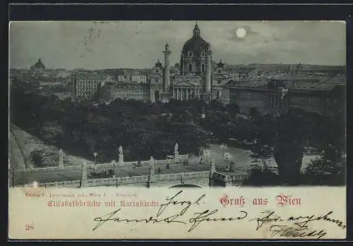 Mondschein-AK Wien, Elisabethbrücke mit Karlskirche