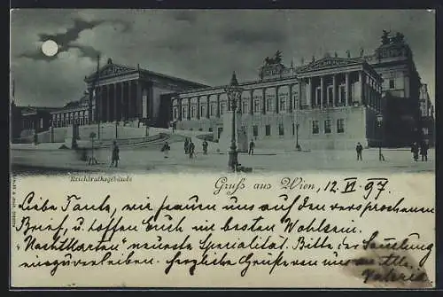 Mondschein-AK Wien, Reichsrathsgebäude mit Passanten