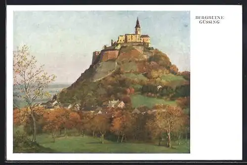 Künstler-AK Güssing, Burgruine im Herbst