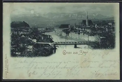 Mondschein-AK Steyr, Ansicht mit Brücke aus der Vogelschau