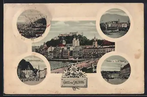 AK Salzburg, Totalansicht, Pferdeschwemme, Theater und Hotel Bristol, Edelweiss