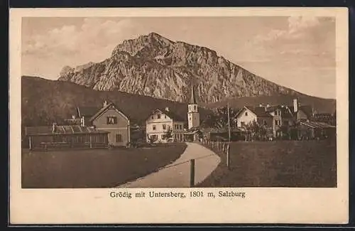 AK Grödig, Ortsansicht mit Untersberg