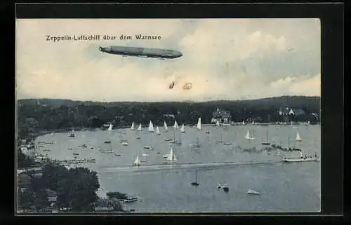 AK Berlin, Zeppelin-Luftschiff über dem Wannsee