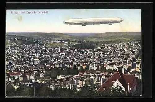 AK Stuttgart, Teilansicht mit Zeppelin`s Luftschiff