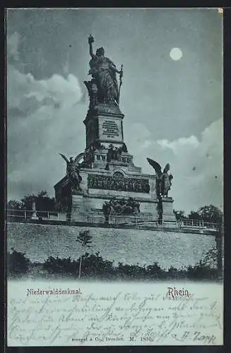 Mondschein-AK Rüdesheim am Rhein, Blick auf das Niederwalddenkmal