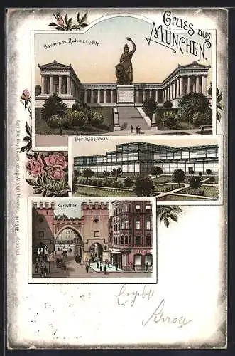 Lithographie München, Bavaria und Ruhmeshalle, Der Glaspalast, Karlstor