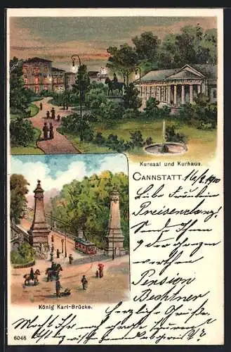 Lithographie Cannstatt, Kursaal und Kurhaus am Abend, König Karl-Brücke mit Strassenbahn