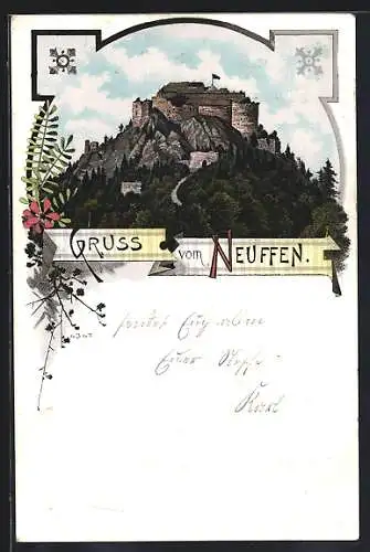 Lithographie Hohen Neuffen, Gruss vom Neuffen