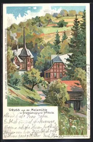 Lithographie Dresden-Pillnitz, Gasthaus Meixmühle im Friedrichsgrund