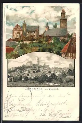 Künstler-Lithographie Carl Münch: Cronberg im Taunus, zwei Motive