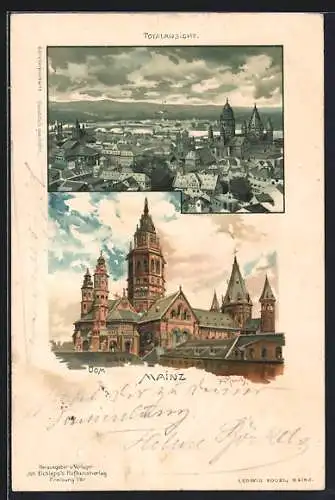 Künstler-Lithographie Carl Münch: Mainz, Totalansicht, Dom