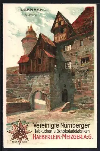 Künstler-AK Karl Mutter: Nürnberg, Burgthor, Reklame für Haeberlein-Metzger-Lebkuchen
