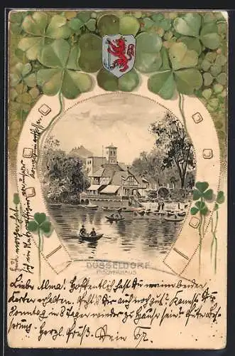 Passepartout-Lithographie Düsseldorf, Das Fischerhaus, Glücksklee und Wappen