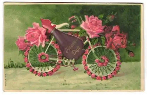 Duft-AK Ein von Rosen umgebenes Fahrrad mit Rosenduft