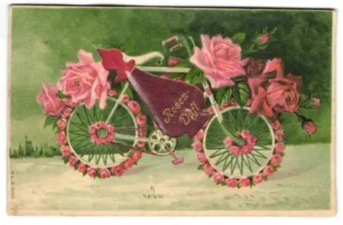 Duft-AK Ein von Rosen umrahmtes Fahrrad mit Rosenduft