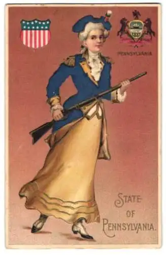 Stoff-Präge-AK Eine Dame in Uniform aus echtem Stoff mit einem Gewehr