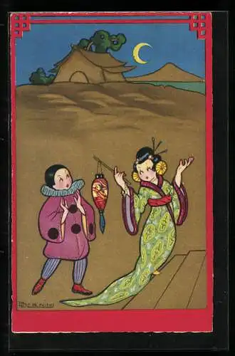 Künstler-AK sign. Dante Bernini: Chinesische Dame in traditioneller Kleidung mit Laterne und Bedienstetem