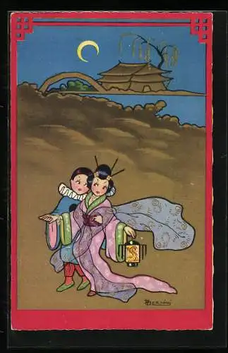 Künstler-AK sign. Dante Bernini: Chinesische Dame und Herr beim nächtlichen Tanzen