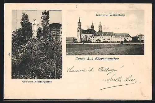 AK Ebersmünster, Kirche und Waisenhaus, Partie aus dem Klostergarten