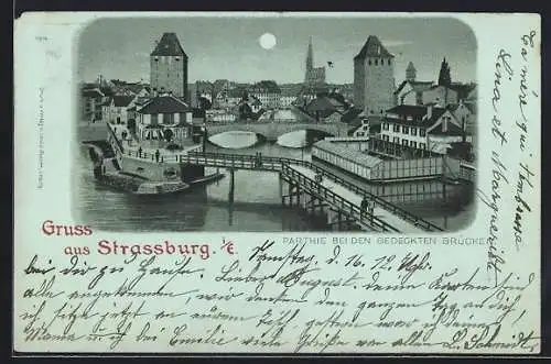 Lithographie Strassburg i/E, Partie bei den gedeckten Brücken