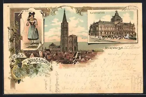 Lithographie Strassburg, Kaiserpalast, Elsässerin in Tracht, Münster