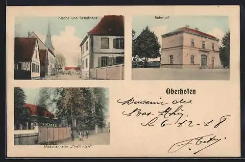 AK Oberhofen, Kirche und Schulhaus, Bahnhof, Mädchenheim Dreilinden