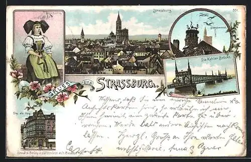 Lithographie Strassburg, Stadtansicht, Storchennest, Die Kehler Brücke, Das alte Haus und Elsässerin