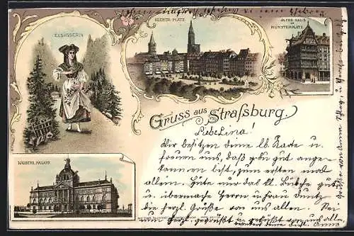 Lithographie Strassburg, Kleber-Platz, Kaiser-Palais, Altes Haus am Münsterplatz, Elsässerin