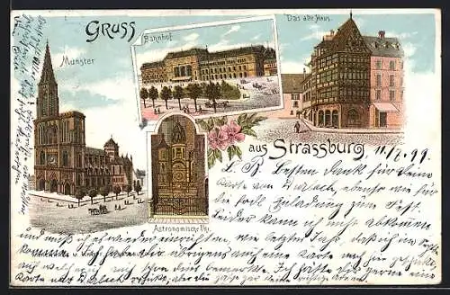 Lithographie Strassburg, Münster, Bahnhof, Astronomische Uhr, Das alte Haus