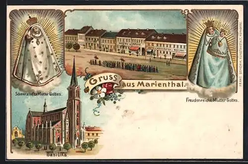 Künstler-AK Marienthal, Hotel zum Pflug und Hotel zur Basilika, Schmerzhafte Mutter Gottes, Freudenreiche Mutter Gottes