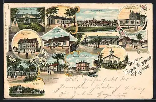 Lithographie Hagenau, Truppenübungsplatz mit Baracken, Garnison-Verwaltung, Depot-Cantine, Bahnhof Oberhofen