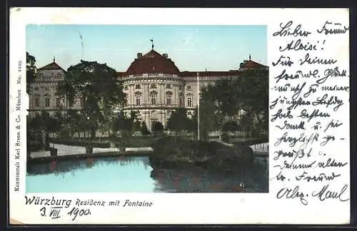 AK Würzburg, Residenz mit leuchtenden Fenstern und Fontaine