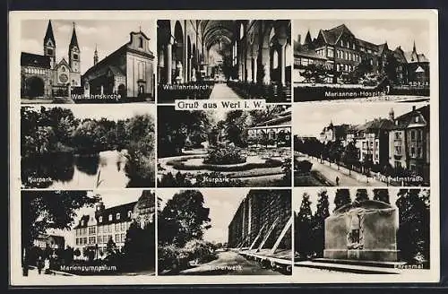 AK Werl i. W., Wallfahrtskirche, Mariannen-Hospital, Kaiser Wilhelmstrasse, Mariengymnasium u. a.