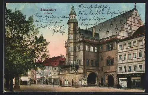 AK Schweinfurt, Rathaus mit Geschäft von August Fischer