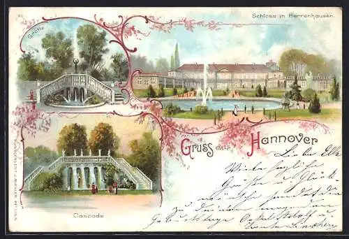 Lithographie Hannover-Herrenhausen, Schloss mit Springbrunnen-Teich, Grotte, Cascade, Blumen