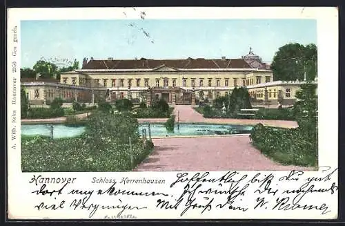 Goldfenster-AK Hannover, Schloss Herrenhausen mit leuchtenden Fenstern