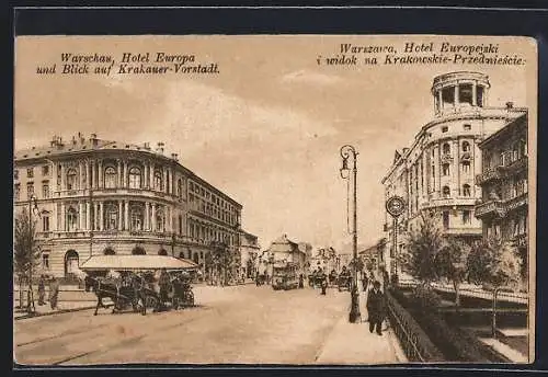 AK Warschau, Hotel Europa und Blick auf Krakauer-Vorstadt