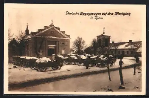 AK Kolno, Deutsche Bagagewagen auf dem Marktplatz im Winter