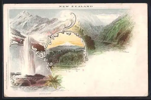 Lithographie New Zealand, Mt. Egmont, Waikite Geyser, Otira Gorge, Mt. Cook