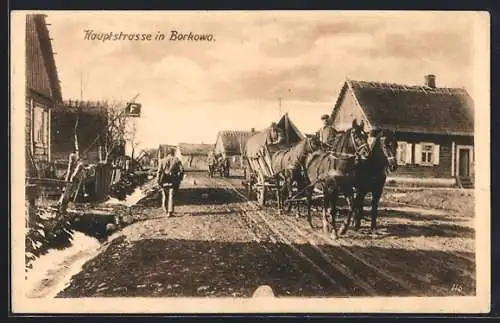 AK Borkowo, Hauptstrasse, Pferdefuhrwerke mit Soldaten