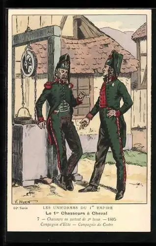 Künstler-AK Les Uniformes du I. Empire, Le I. Chasseurs à Cheval-Chasseurs en surtout de 2. tenue 1805