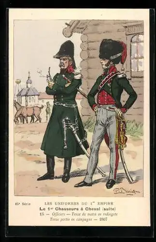 Künstler-AK Les Uniformes du I. Empire, Le I. Chasseurs à Cheval-Officiers-Tenue du matin en redingote 1807