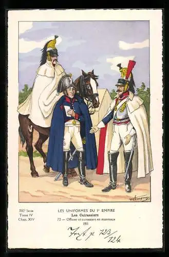 Künstler-AK Les Uniformes du I. Empire, Les Cuirassiers-Officier et cuirassiers en manteaux 1811