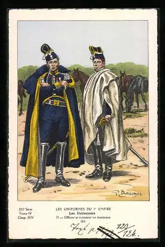 Künstler-AK Les Uniformes du I. Empire, Les Cuirassiers-Officier et cuirassier en manteaux 1811