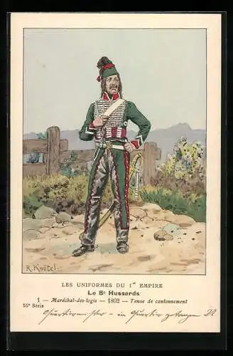 Künstler-AK Les Uniformes du I. Empire, Le 8. Hussards-Marèchal-des-logis 1802