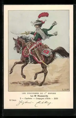 Künstler-AK Les Uniformes du I. Empire, Le 8. Hussards-Capitaine-Compagnie d`Elite 1809